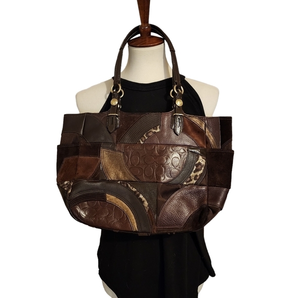 𝅺coach Ocelot Brown Patchwork East-West Tote Leather& Suede Shoulder Bag F15459 - Picture 3 of 12